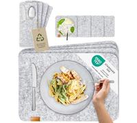 MIQIO® - Set de Table Design 12 Pièces Feutre et Cuir pour 4 Personnes, Lavable, 4 Sets, 4 Dessous de Verres, 4 Pochettes Porte-Couverts (Gris Chiné)