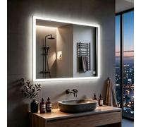 MIQU Miroir de Salle de Bain à LED avec éclairage - 80 x 60 cm - Grand Miroir Salle de Bain avec Bouton Tactile - Blanc - 6 500 K - Lumière - Miroir Mural pour Salle de Bain, WC, Couloir