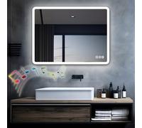 MIQU Miroir de Salle de Bain avec éclairage LED - 100 x 60 cm - Grand Miroir Bluetooth et Prise - Interrupteur Tactile Variable - Lumière Chaude et Blanche - Anti-buée