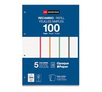 Miquelrius - 100 Feuillets Mobiles A4, Petits Carreaux 5 x 5 mm, 5 Couleurs | Papier Opaque 90 g/m², 4 Perforations, Recharge, Classeur à Anneaux, Notes, Exercices, École, Université