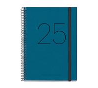 Miquelrius Agenda 2025, agenda annuel 155 x 213 mm, agenda journalier, couverture cartonnée recyclée, papier recyclé 100 g/m², fermeture élastique, espagnol, anglais et portugais, agenda recyclé bleu