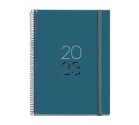 Miquelrius Agenda 2025, agenda annuel 155 x 213 mm, vue hebdomadaire, couverture carton doublé plastifié, spirale, fermeture élastique, papier 80 g/m², catalan, anglais et portugais, océan