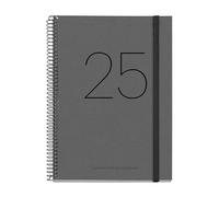 Miquelrius Agenda 2025, agenda annuel 155 x 213 mm, vue semaine, couverture cartonnée recyclée, papier recyclé 100 g/m², fermeture élastique, catalan, anglais et portugais, agenda recyclé noir