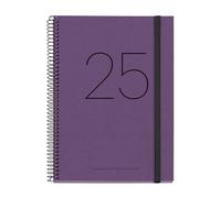Miquelrius Agenda 2025, agenda annuel 155 x 213 mm, vue semaine, couverture recyclée, papier recyclé 100 g/m², fermeture élastique, catalan, anglais et portugais, agenda recyclé violet