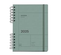 Miquelrius - Agenda 2025, Format 164 x 218 mm, Agenda journalier, Couverture cartonnée, Papier durable 100 g/m², Attache en caoutchouc, Espagnol, Anglais et Portugais, Vert