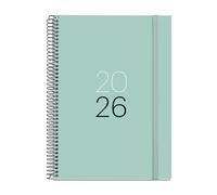 Miquelrius Agenda 2026 journalier A5+ (155 x 213 mm), couverture en carton plastifié, spirale et fermeture élastique, planification quotidienne, papier 80 g/m², espagnol-EN-PT, aqua