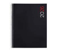 Miquelrius Agenda 2026 un jour par page, plus petit que A4 (210 x 270 mm), couverture souple en polypropylène, spirale, papier 80 g/m², planificateur quotidien, espagnol EN-PT, couleur noire