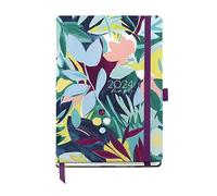 Miquelrius - Agenda annuel 2024, jour page, format Journal 122 x 168 mm, couverture rigide, cousue, fermeture en caoutchouc, espagnol, anglais et portugais, aube printanière avec stamping argent