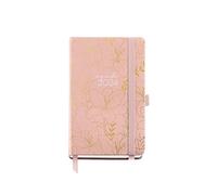 Miquelrius - Agenda annuel 2024, jour page, format Passport 90 x 140 mm, couverture rigide, reliure cousue, fermeture avec caoutchouc, espagnol, anglais et portugais, rose avec fleurs en stamping or