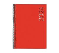 Miquelrius - Agenda annuel 2024, jour page, taille plus 155 x 213 mm (similaire A5), couverture souple polypropylène, reliure spirale, catalan, anglais et portugais, rouge