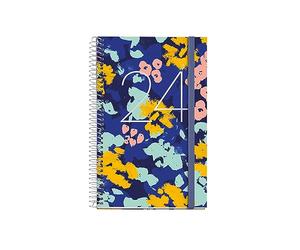 Miquelrius - Agenda annuel 2024, semaine vue, taille active 117 x 182 mm, couverture rigide, reliure spirale, fermeture avec caoutchouc, espagnol, anglais et portugais, fleurs avec stamping argent