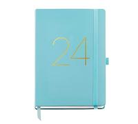 Miquelrius - Agenda annuel 2024, semaine vue, taille plus 155 x 213 mm (similaire A5), couverture rigide en simili cuir cousue, élastique catalan, anglais et portugais, aigue-marine