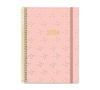Miquelrius Agenda annuel 2024, vue hebdomadaire, format plus 155 x 213 mm (similaire A5), reliure à spirale, fermeture à élastique, espagnol, anglais et portugais, mini idots avec stamping or