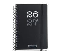Miquelrius Agenda scolaire 2026/2027 1 jour par page A6+, noir | 12 mois, 11,7 x 17,4 cm, polypropylène, spirale métallique colorée, fermeture en caoutchouc, autocollants, espagnol-EN