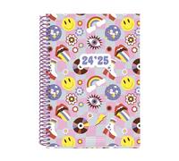 Miquelrius Agenda scolaire 24-25 septembre 2024 à juin 2025, dimensions 150 x 213 mm, vue hebdomadaire, spirale plastique rose, couverture carton doublé, fermeture avec caoutchouc, espagnol et