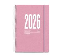 Miquelrius Agenda semainier 2026 avec vue durable, similaire A5+ (155 x 213 mm), couverture recyclée, carton doublé, papier recyclé 100 g/m², fermeture élastique, espagnol-EN-PT, rose