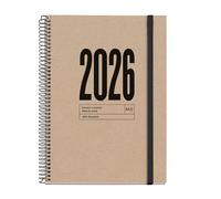 Miquelrius Agenda semainier 2026 avec vue durable, similaire A5+ (155 x 213 mm), couverture recy carton doublé, papier recyclé 100 g/m², fermeture élastique, espagnol-EN-PT, naturel