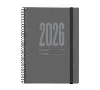 Miquelrius Agenda semainier 2026 durable, similaire A5+ (155 x 213 mm), couverture recy papier recyclé 100 g/m², fermeture élastique, CAT-EN-PT, graphite