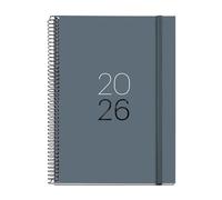 Miquelrius Agenda semainier 2026 format A5+ (155 x 213 mm), couverture en carton plastifié, spirale et fermeture élastique, planning hebdomadaire, papier 80 g/m², CAT-EN-PT, graphite