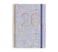 Miquelrius Agenda semainier 2026 format A5+ (155 x 213 mm), couverture rigide en carton, spirale, fermeture élastique, papier 80 g/m², ES-EN-PT, traits