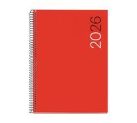 Miquelrius Agenda semainier 2026 format A5+ (155 x 213 mm), couverture souple en polypropylène, spirale, papier 80 g/m², planning hebdomadaire, CAT-EN-PT, couleur rouge