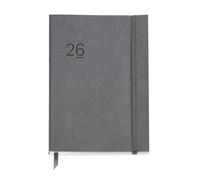 Miquelrius Agenda semainier 2026 format A5+ (155 x 213 mm), couverture souple imitation cuir cousu, papier 80 g/m², ES-EN-PT, gris