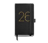 Miquelrius Agenda semainier 2026, petit format 90 x 140 mm, planification hebdomadaire, couverture souple simili cuir cousu, fermeture élastique, poche intérieure, papier 80 g/m², Catalan-EN-PT, noir