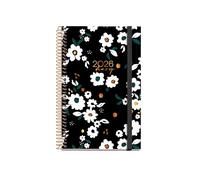 Miquelrius Agenda semainier 2026, similaire A6+ (117 x 182 mm), planification hebdomadaire, couverture rigide en carton, spirale, fermeture élastique, papier 80 g/m², ES-EN-PT, noir garden