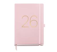 Miquelrius Agenda semainier 2026, similaire au format A5+ (155 x 213 mm), couverture souple en similicuir cousu, fermeture élastique, poche intérieure, papier 80 g/m², CAT-EN-PT, rose