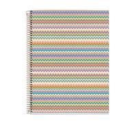Miquelrius - Notebook A4 (210 x 297 mm), Rayures horizontales 7 mm, 120 feuilles de 70 g/m², couverture en carton, 4 bandes de couleur, spirale cuivre, collection Feeling Mallorca, Zigzag