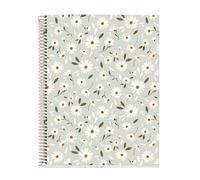 Miquelrius - Cahier A4 quadrillé, 100 feuilles 70 g/m², fleurs printanières | Carnet multi-sections avec 4 sections de couleur, quadrillage 5 mm, couverture en carton vert et spirale cuivre
