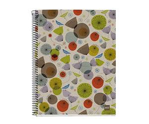 Miquelrius - Cahier A4 recyclé, 120 feuilles recy s de 80 g/m², cahier ligné, 4 bandes de couleur pour classer et organiser, 4 perforations, couverture recy oiseaux