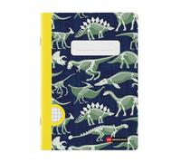 Miquelrius - Cahier agrafé A5 petits carreaux, 48 feuilles papier extra opaque 70 g/m², reliure agrafée, couverture cartonnée plastifiée, garde imprimée, espace pour le nom, Dinos