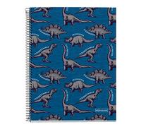 Miquelrius - Carnet A4, 4 Bandes Couleurs, 140 Feuilles, Règles Horizontales 7 mm, 4 Trous, Microperforé, Couverture Rigide, Wild Dino