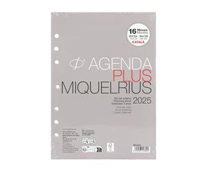 Miquelrius Recharges agenda annuel 2025, 16 mois, 1 jour par page, recharge agenda A5 équivalent 155 x 213 mm, rechange agenda 6 anneaux, catalan, portugais et anglais