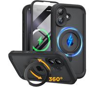 Miracase Magsafe Coque de protection pour iPhone 17 avec anneau rotatif à 360 °, Magsafe, film de protection en verre intégré, protection complète, magnétique et anti-chocs, pour iPhone 17, 6,3", noir
