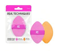 Miracle 2-en-1 Poudrier Real Techniques, double face, houppette de maquillage pleine taille, bande élastique réversible, éponge de maquillage et houppette à poudre à pointe de précision, pour liquide,