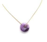 Miracles Minéraux Pendentif Pierre naturelle | Donut Pi chinois| double pointes concentrateur d'énergie (Donut Pi 25 mm acier doré 40+5 cm | Lépidolite)