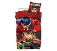 Miraculous Ladybug Parure de lit pour enfant Duo Rouge 135 x 200 + 80 x 80 cm 100 % coton renforcé de qualité Lady Bug Marinette Dupain-Cheng Adrien Cat Noir Paris Tikki Plag Allemagne 053-B