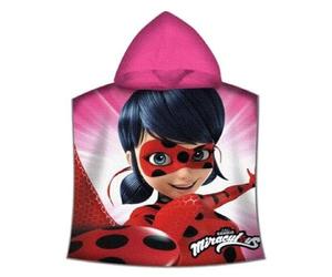 Miraculous Ladybug Poncho de bain à capuche pour enfant, rose, 60 x 120 cm, 100 % coton, qualité velours, paréo, peignoir, serviette de plage, serviette de bain, serviette de douche, assortie à la