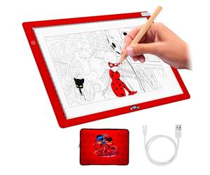 Miraculous Ladybug - Tablette lumineuse, LED, portable A4 et étui en néoprène, kit de dessin, chargeur USB et pages de coloriage à tracer, fournitures artistiques pour enfants- (Rouge - Ladybug)