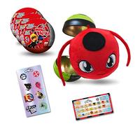 Miraculous [Pack DE 3 Ladybug - 4 en 1 - Miraball Surprise, Jouet pour Enfants - Balle en métal à Collectionner - Figurine Kwami en Peluche - Autocollants pailletés et Ruban Blanc (Wyncor)
