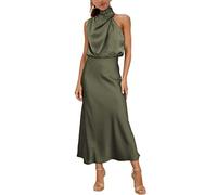 MIRGLER Robe de mariée pour femmes avec col roulé, en satin élastique, taille haute, pour soirée de cocktail, élégante, formelle, longue robe de demoiselle d’honneur, vert militaire, M