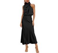 MIRGLER Robe de mariée pour femmes avec col roulé, en satin élastique, taille haute, pour soirée de cocktail, élégante, formelle, longue robe de demoiselle d’honneur, Noir , XL