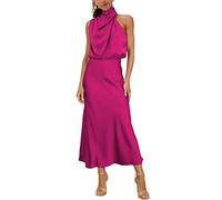 MIRGLER Robe longue élégante et formelle à col montant en satin élastique taille haute pour femme, Robe Cérémonie, rose vif, Taille L
