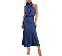 MIRGLER Robes pour femmes bleu marine sans manches col rabattable en satin, taille haute élastique, robe de soirée de mariage pour invitée, cocktail, élégante, robe formelle maxi pour femmes M