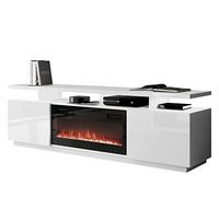 Mirjan24 Armoire TV Lostino avec cheminée électrique LED Flamme réaliste Cuisinière en cristal Cheminée chauffante Meuble bas (sans éclairage blanc/blanc brillant)