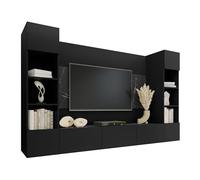 Mirjan24 Deromi Meuble TV avec Panneaux Muraux Acoustiques et Meuble Multimédia Bas, 2 Étagères Suspendues (Noir + Marbre Noir)