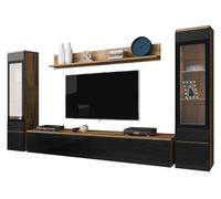 Mirjan24 Doppo II Meuble de salon, armoire murale, ouverture sans poignée, meuble de montage, meuble TV, meuble multimédia, étagère murale, meuble TV, meuble bas, 2 vitrines suspendues (Wotan/noir