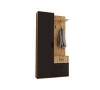 Mirjan24 Jareline Ensemble de garde-robe compact élégant avec 2 crochets, barres et étagère, porte-manteau mural pratique, garde-robe de couloir, armoire à chaussures (sans miroir, chêne Wotan / noir)